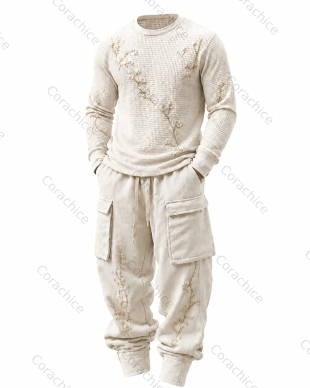 Cardydony Men's Japanese-Style Printed Crew-Neck Waffle-Knit Sweatshirt and Pants