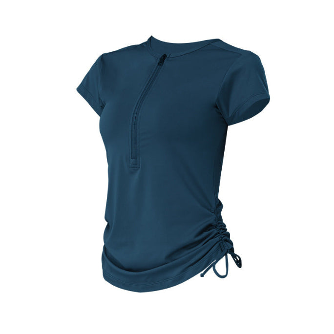 Cardydony Women's Slim Fit Short Sleeve Athletic Top with Zip Up & Drawstring Waist
