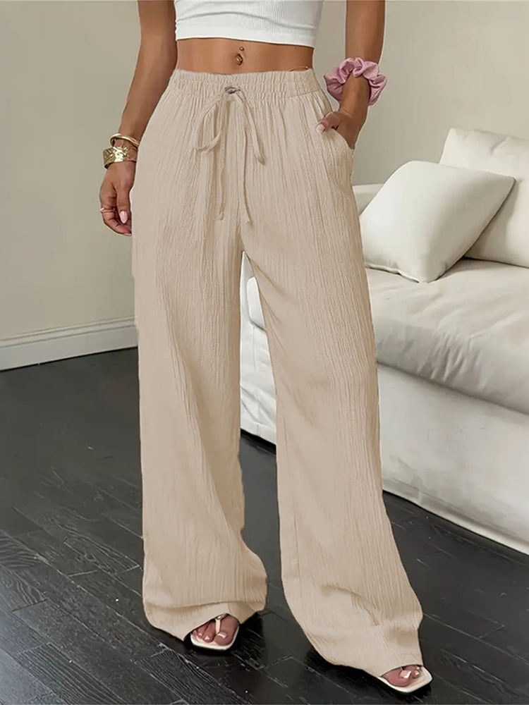 Cardydony Solid Color Elastic Waist Straight Leg Linen Pants