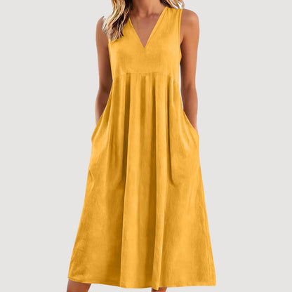 Cardydony Women's Solid Color V-neck Sleeveless Linen Blend Midi Dress