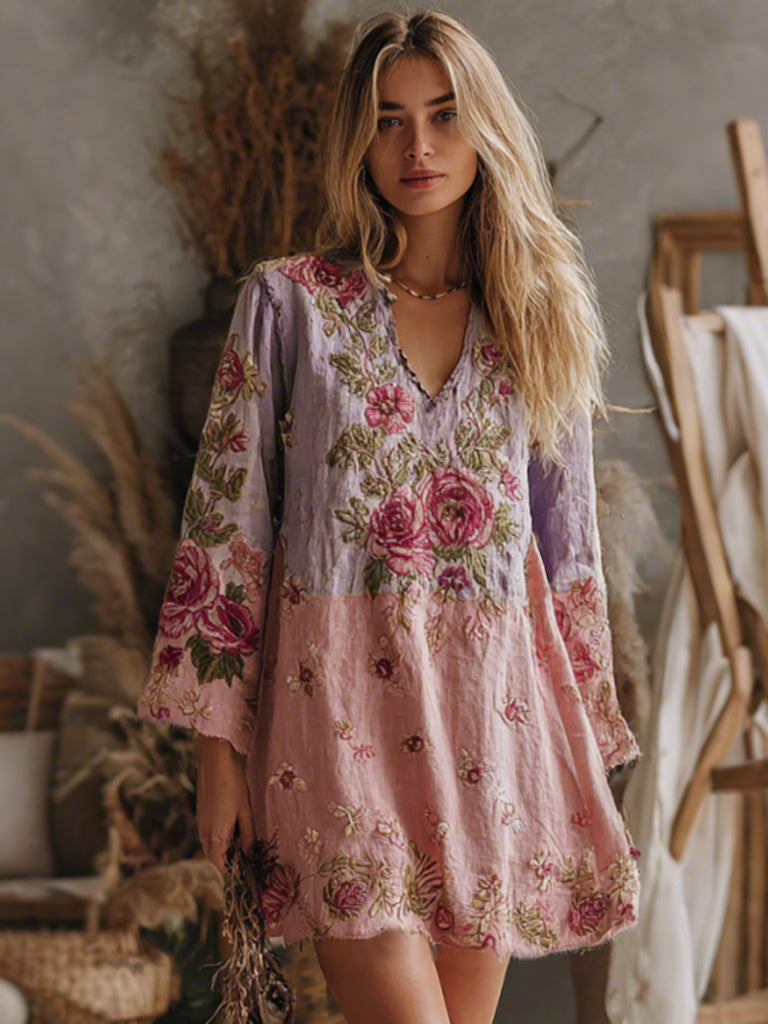 Cardydony Women's V Neck Boho Classy Gradient Pink Roses Embroidered Art Casual Dress