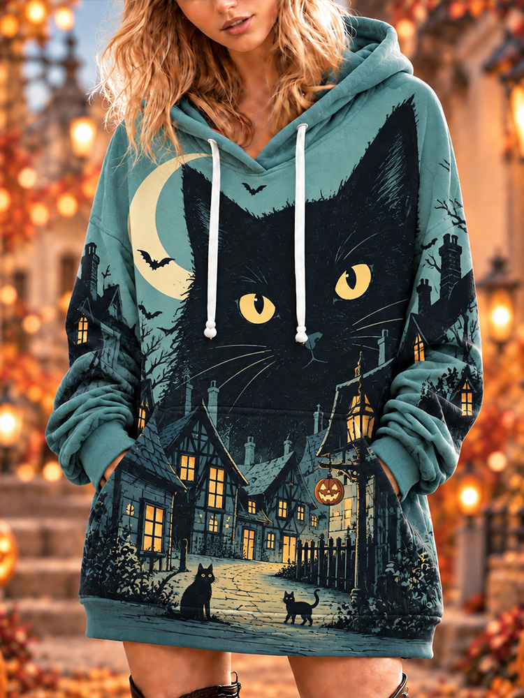 Cardydony Women's Teal Halloween Black Cat, Village And Moon Print Oversized Hoodie