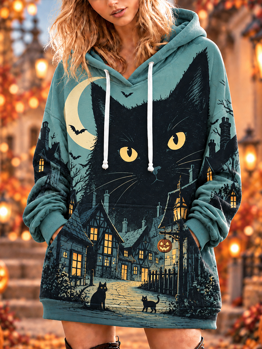 Cardydony Women's Teal Halloween Black Cat, Village And Moon Print Oversized Hoodie