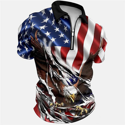 Cardydony Men's Retro America's 250th Anniversary Print Zipper Up Polo Shirt