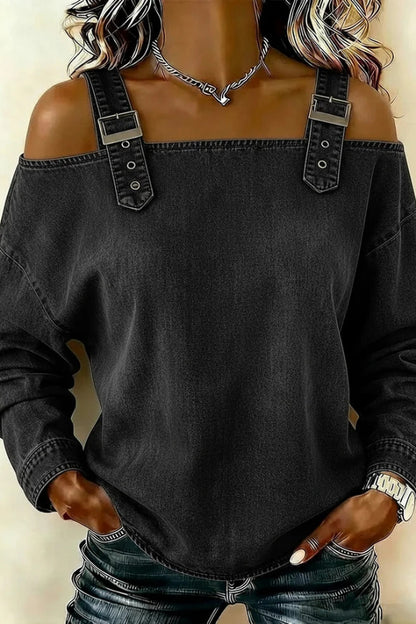 Cardydony Women's  Fashionable Faux Denim Off-shoulder Long-sleeved Loose Top