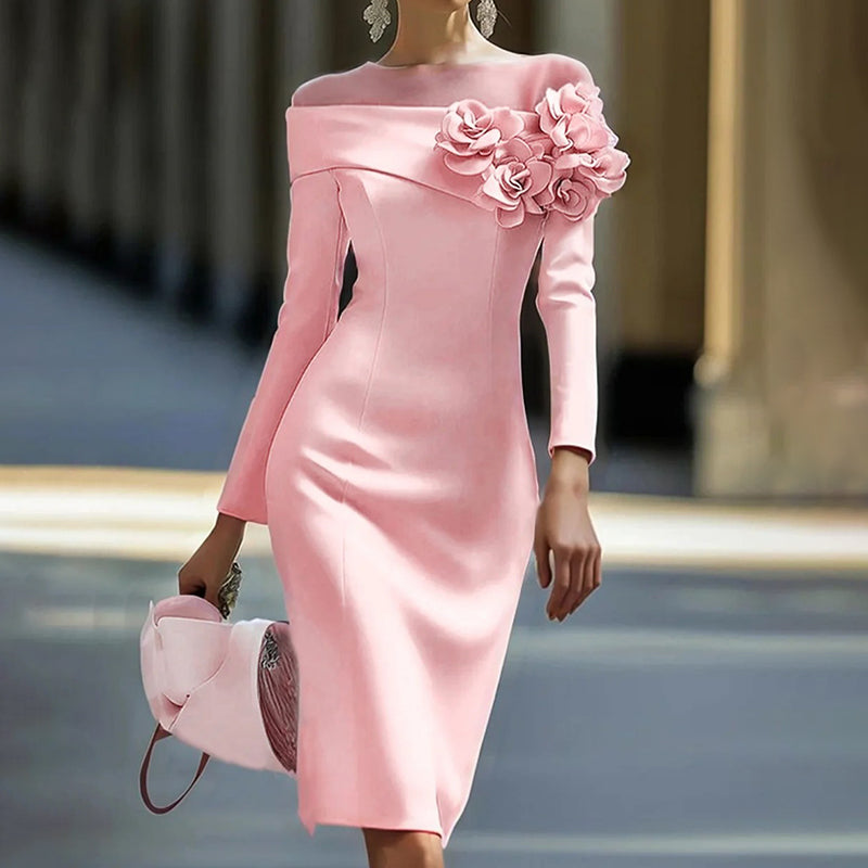 Cardydony Elegant Round Neck Three Dimensional Flower Decorated Midi Dress