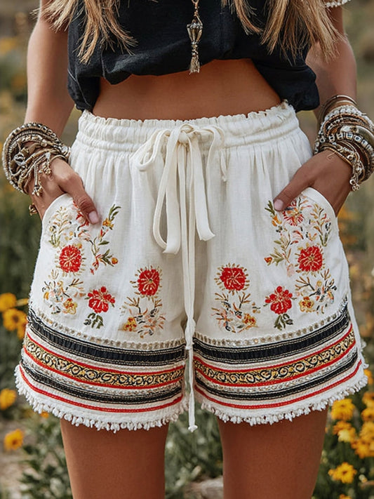 Cardydony Vintage Floral Patchwork Art Cotton Casaul Linen Shorts