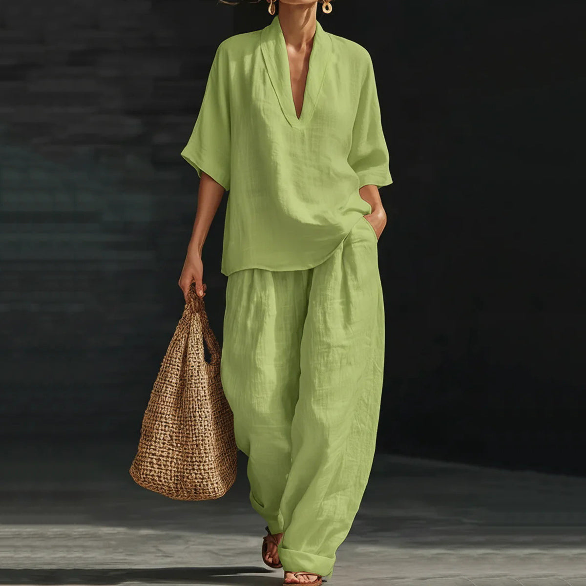 Cardydony Women's Casual Cozy Minimalist Linen Two-piece Set