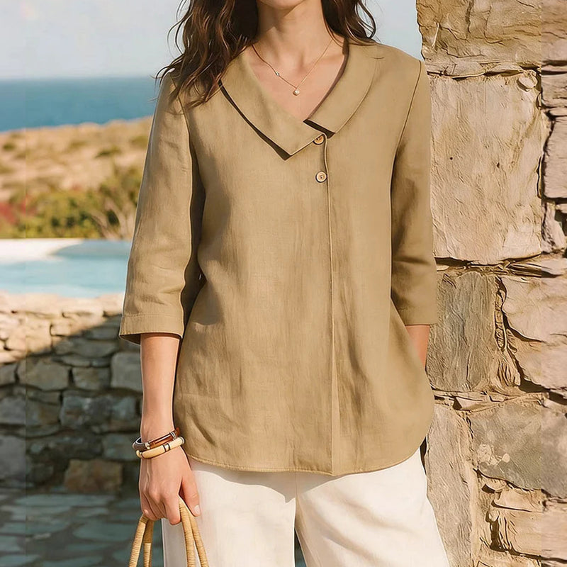 Cardydony Casual Linen Buttoned Irregular V-neck Shirt