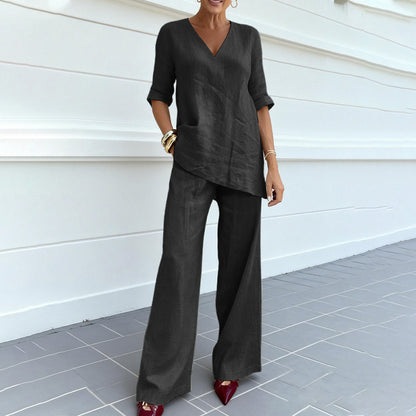 Cardydony Women's Solid Color V-neck Linen Blend Two Piece Set