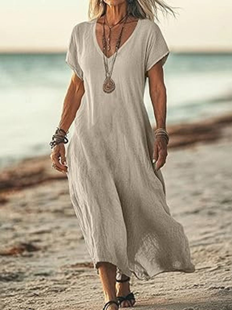 Cardydony Women's Solid Color V-neck Linen Blend Short Sleeve Dress