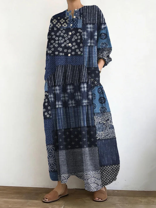 Cardydony Vintage Japanese Traditional Patchwork Art Linen Maxi Dress