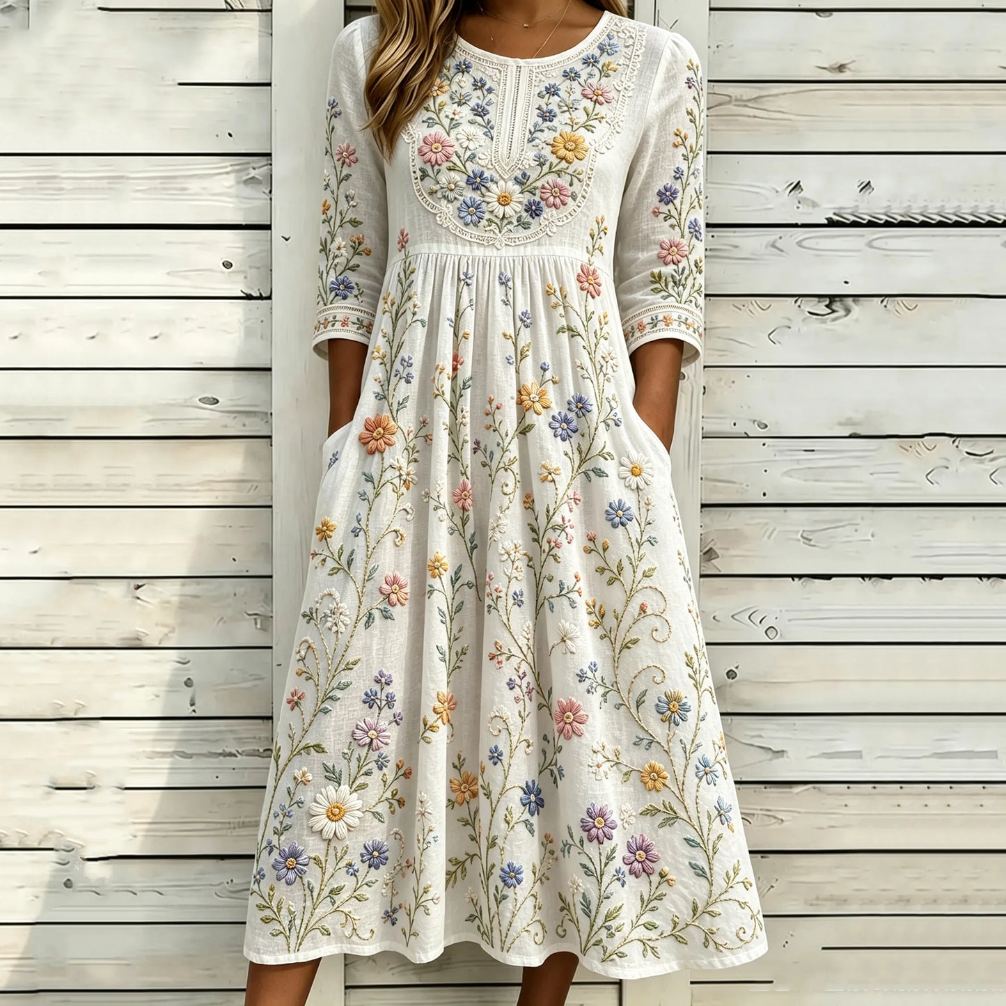 Cardydony Women's Vintage Floral Pattern Art Embroidered Linen Blend Dress