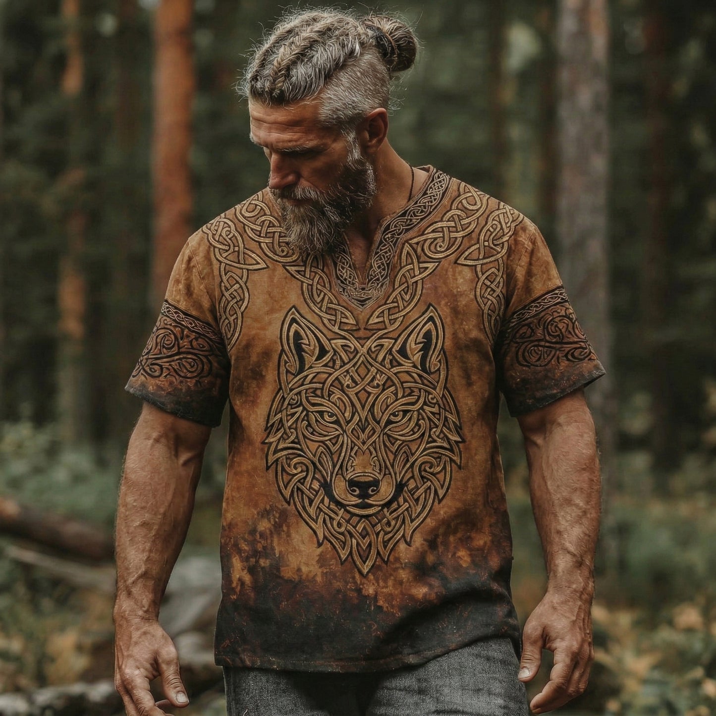 Cardydony Men's Vintage Viking Tribe Wolf Style Linen Short Sleeve Shirt