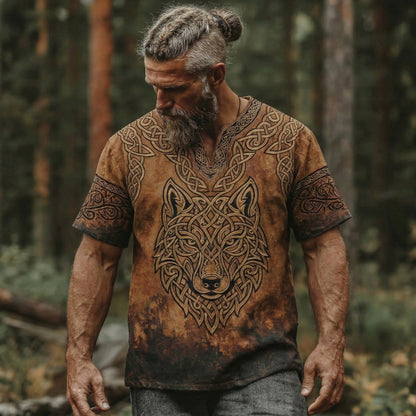 Cardydony Men's Vintage Viking Tribe Wolf Style Linen Short Sleeve Shirt