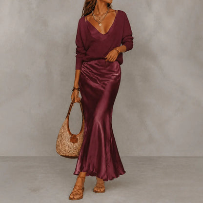 Cardydony Elegance Long-sleeved Knit Top + Satin Slip Dress Two-piece Set