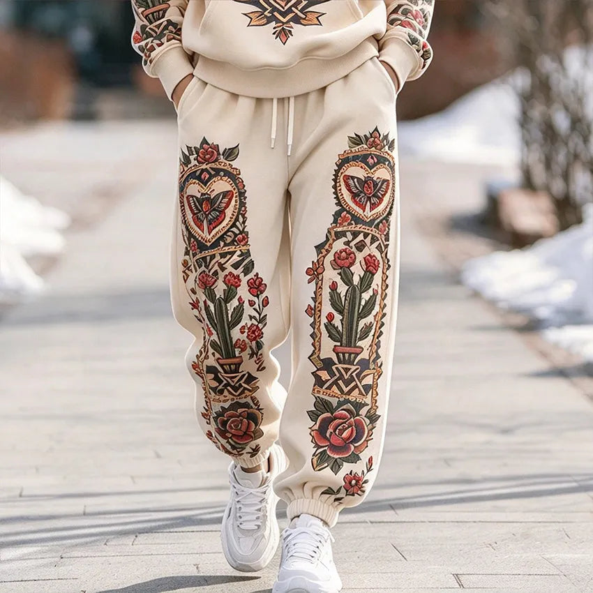 Cardydony Women's Vintage Butterfly And Floral Print Hoodie And Pants Set