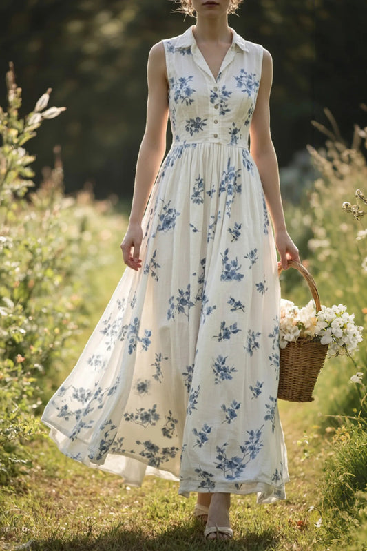 Cardydony Women's Floral Print Collared Sleeveless High-waisted Maxi Vacation Dress
