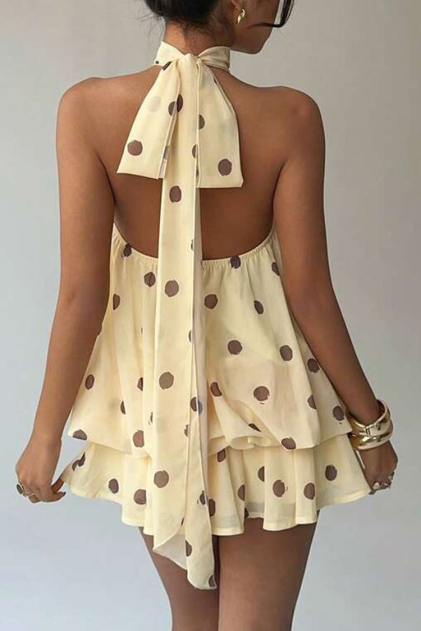 Cardydony Women's  Fashionable Chiffon Halter Neck Backless Lace-up Casual Vacation Mini Dress