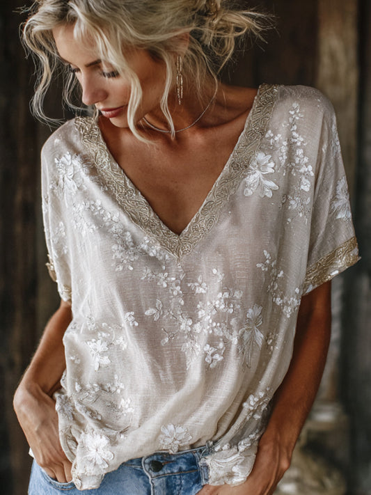 Cardydony Women's White Cherry Blossom Art Embroidered Linen Blend Lace Casual Short Sleeve Top