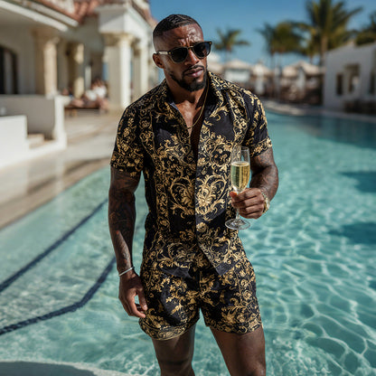 Cardydony Men's Fashion Baroque Pattern Cuban Shirt And Shorts Two-piece Set