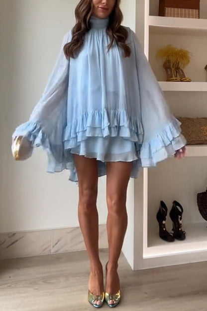 Cardydony Women's Solid Color Chiffon Trumpet Sleeve Loose Mini Dress