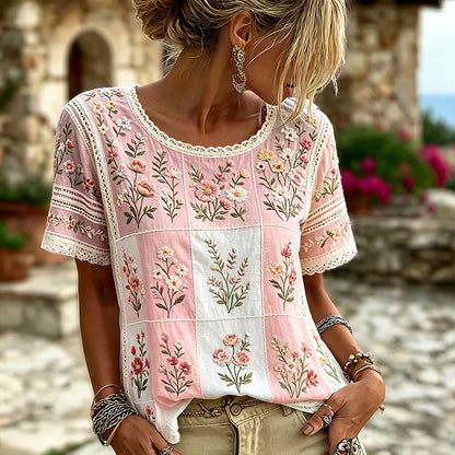 Cardydony Women's Floral And Lace Art Embroidery Spliced Vintage Casual Short Sleeve Top