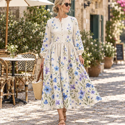 Cardydony Women's Bohemian Blue Purple Wildflower Print Loose Fit Button Detail Long Sleeve Midi Dress