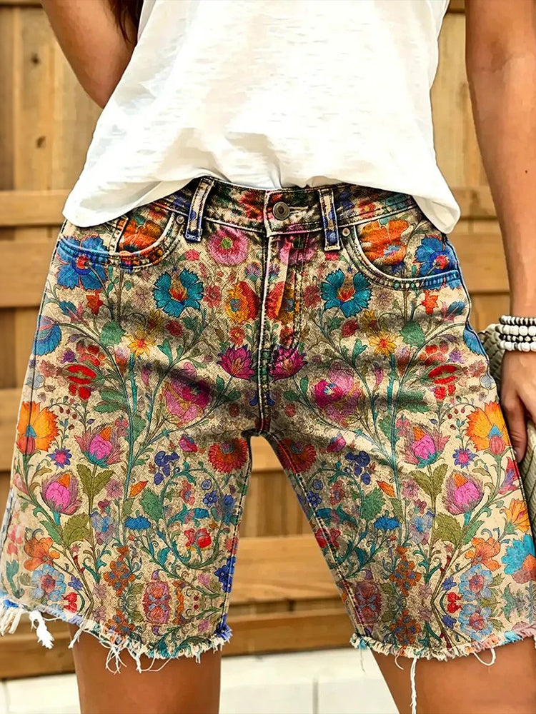 Cardydony Women's Printed Casual Retro Denim Shorts