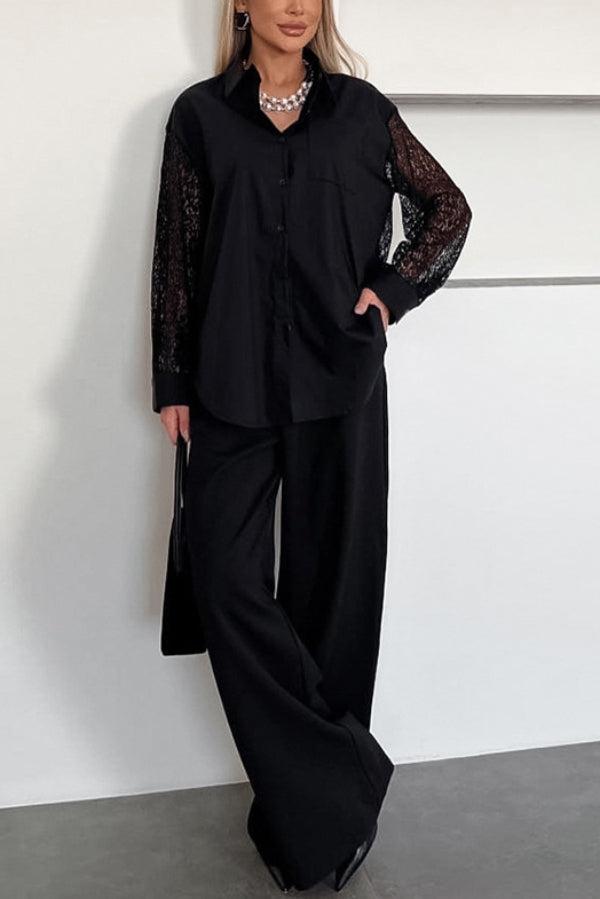 Cardydony Women's  Fashionable Openwork Lace Patchwork Long-sleeved Loose Shirt