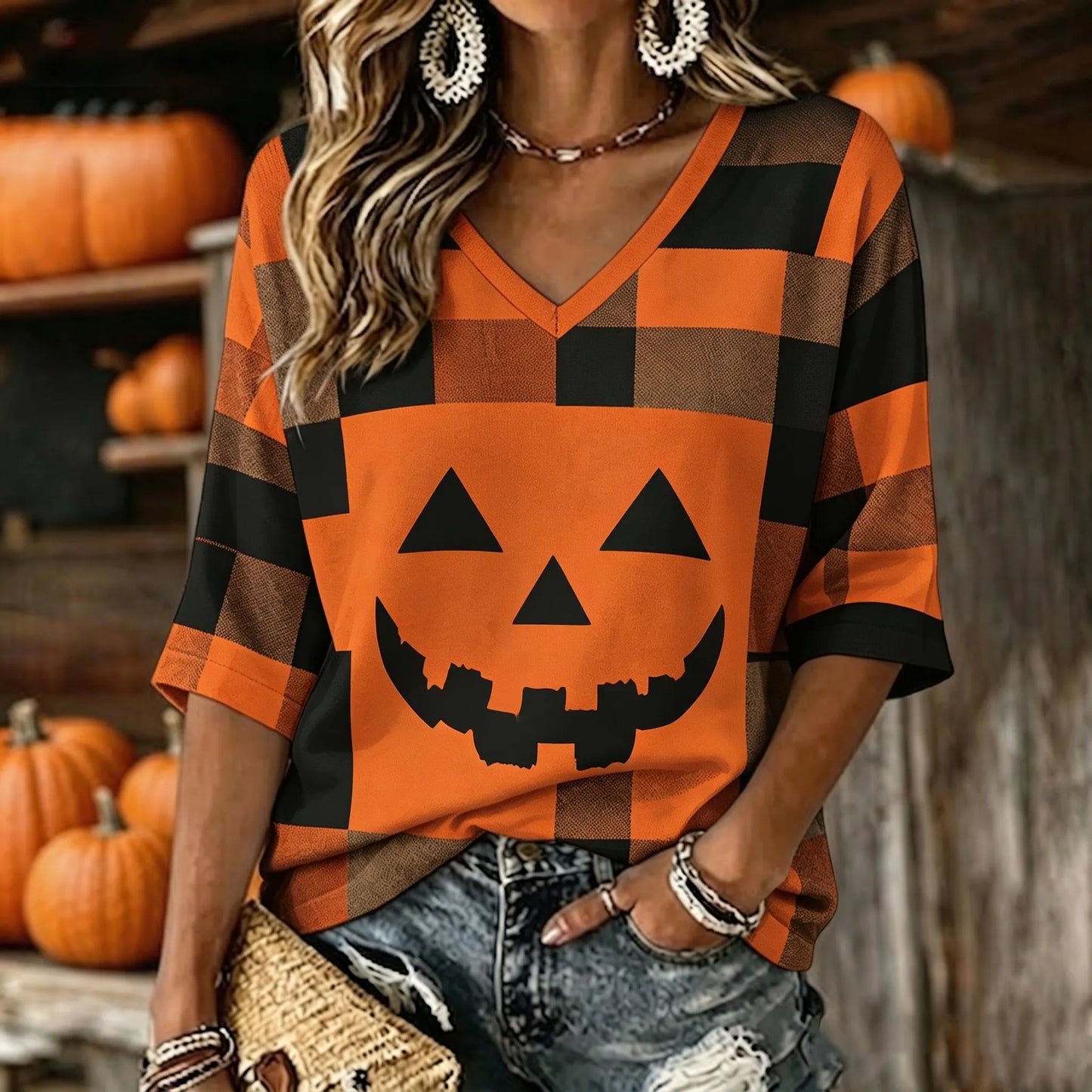 Cardydony Women's Vintage Patchwork Halloween Pumpkin Face Art Printed Mid-length Sleeves V-neck T-shirt