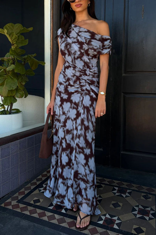 Cardydony Women's Unique Print Asymmetrical Off-Shoulder Pleated Waist Casual Maxi Dress