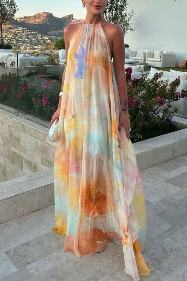 Cardydony Women's Fashionable Tie-dye Halter Neck Backless Loose Vacation Maxi Dress