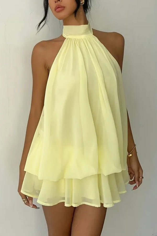 Cardydony Women's  Fashionable Chiffon Halter Neck Backless Lace-up Casual Vacation Mini Dress