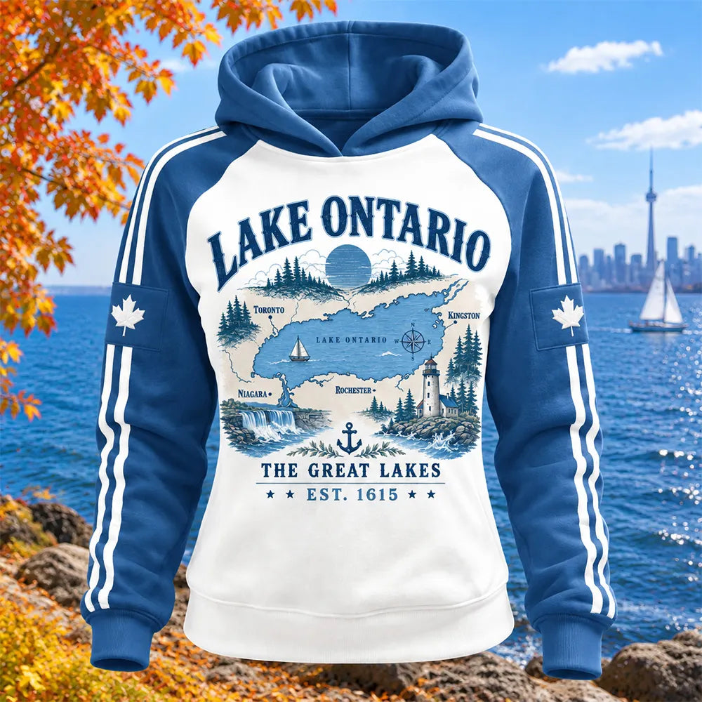 Cardydony Women's Lake Ontario Letter And Landscape Art Print Casual Raglan Sleeve Hoodie