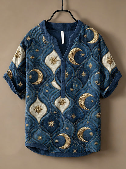 Cardydony Men's Japanese Art Sun, Moon And Star Print Cotton Linen Top