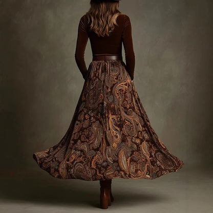 Cardydony Vintage Printed Velvet Belted Maxi Dress