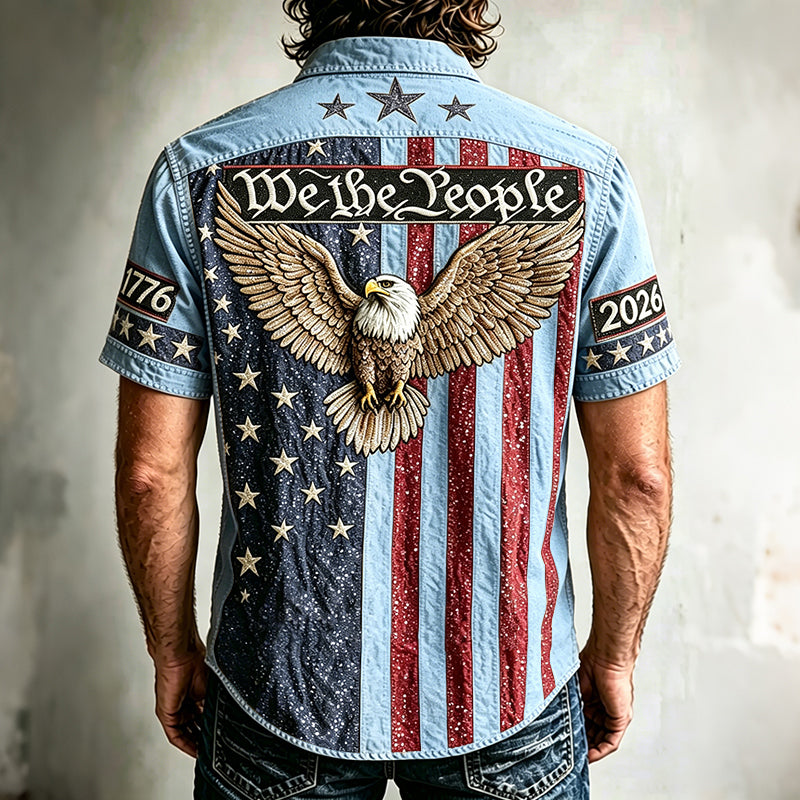 Cardydony Men's Vintage Independence Day And Eagle Print Short-sleeve Shirt