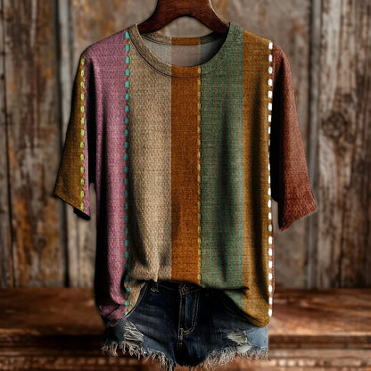 Cardydony Women's Retro Ethnic Striped Casual Short-sleeve T-shirt