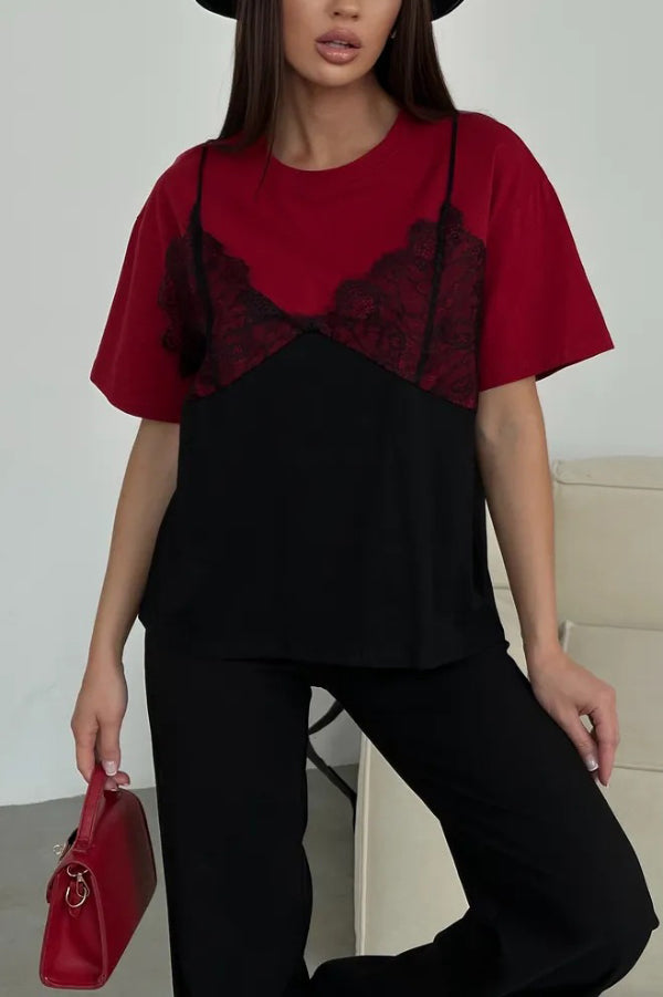 Cardydony Women's Fashionable Lace Patchwork Loose-fitting Round Neck Short-sleeved T-shirt