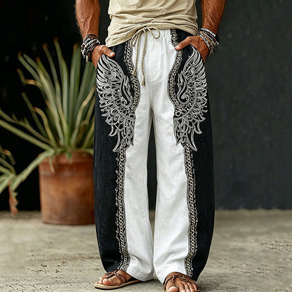 Cardydony Men's Vintage Spring Summer Viking Tribal Jacquard Wings And Floral Inspired Art Flowy Linen Blend Pants