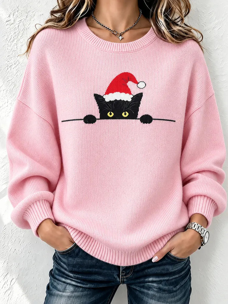 Cardydony Women's Vintage Christmas Cat Knit Sweater