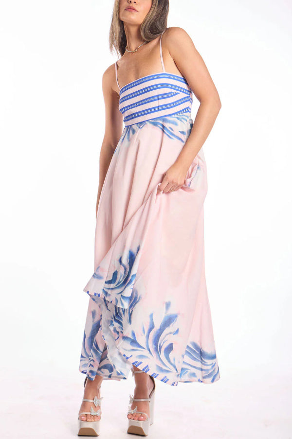 Cardydony Women's Unique Print Square Neck Spaghetti Strap Back Gathered Maxi Dress