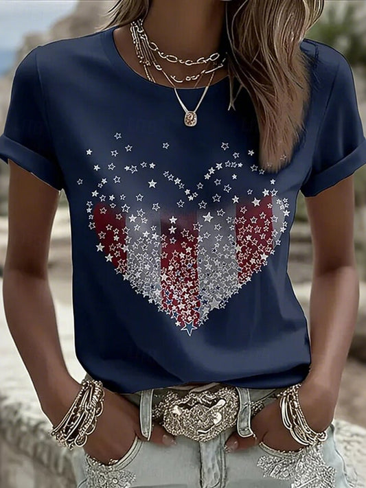 Cardydony Women's Retro Patriotic Print Round Neck T Shirt