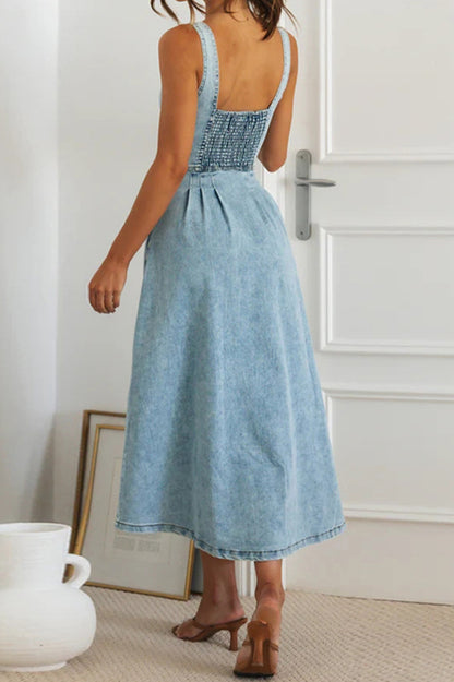 Cardydony Women's Stylish Single-breasted Fitted Waist Gathered Back Denim Maxi Dress