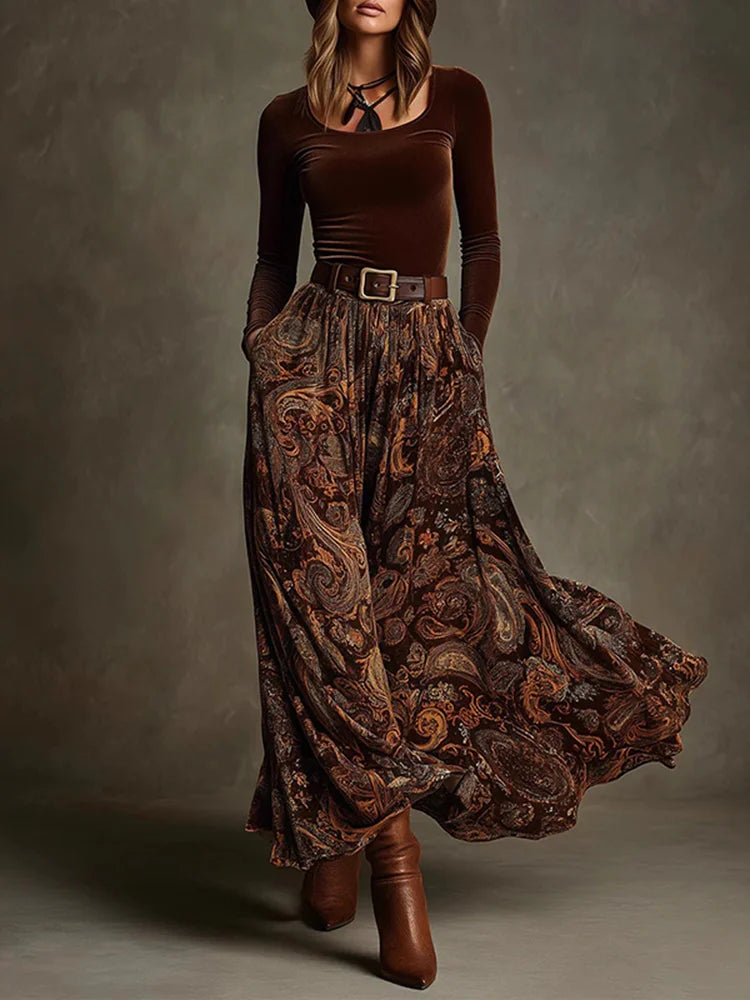 Cardydony Vintage Printed Velvet Belted Maxi Dress