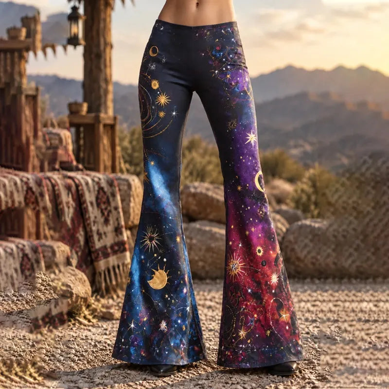 Cardydony Women's Halloween Gothic Bohemian Sun Moon Star Gradient Yoga Casual Flare Pants