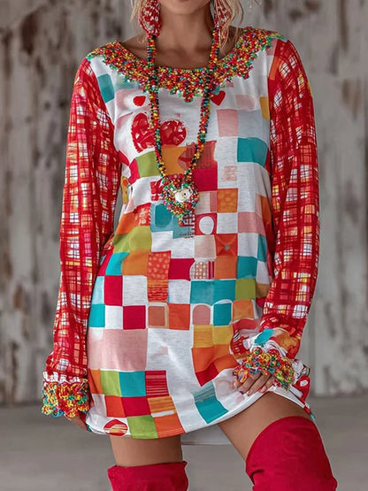 Cardydony Women's Abstract Plaid Contrast Print Mini Dress