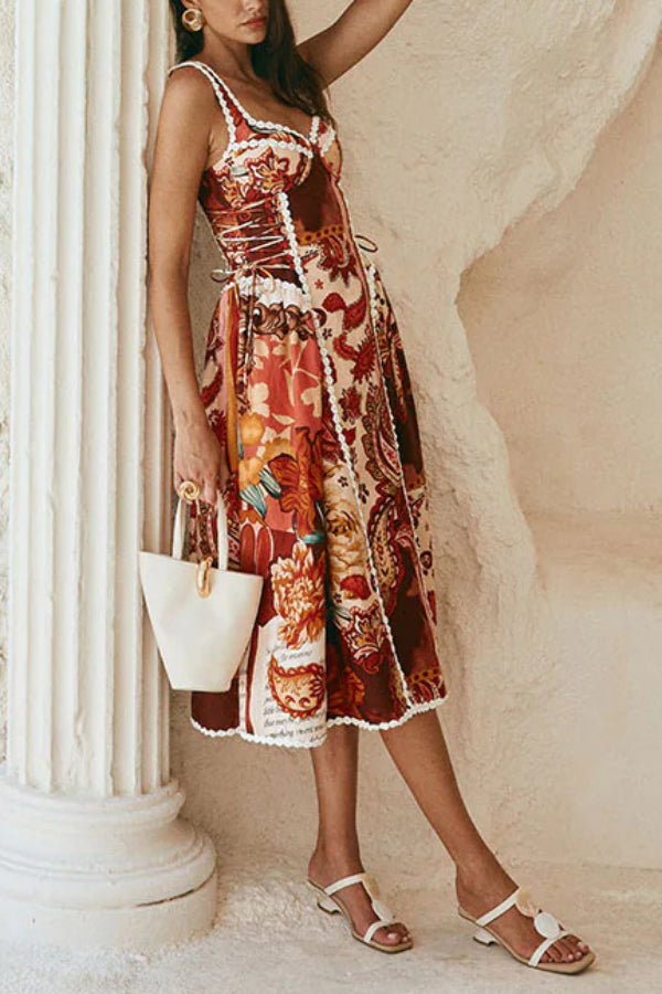 Cardydony Women's  Unique Printed Floral Trim Suspender Side Tie Vacation Midi Dress