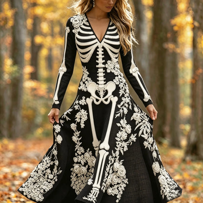 Cardydony Women's Vintage Halloween Skeleton Bones With White Rose Art Linen Blend Maxi Dresss